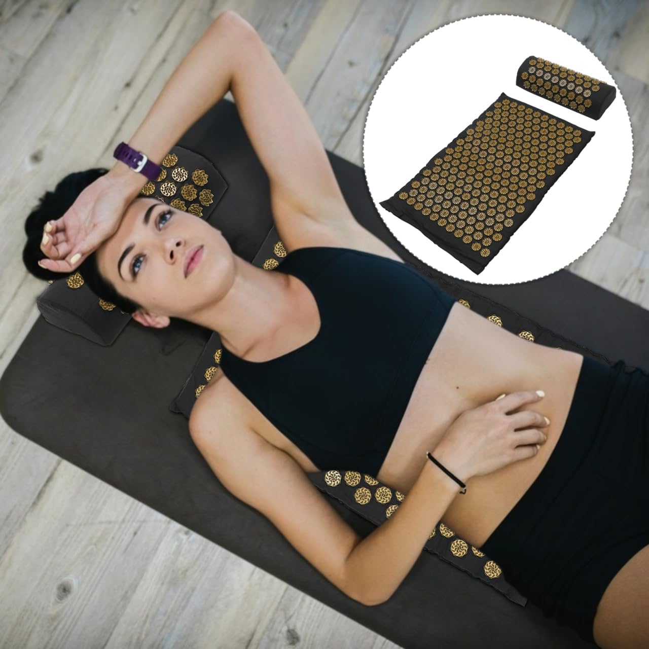 Tapis d'Acupression Lotus — Set Détente Tapis + Coussin · Or